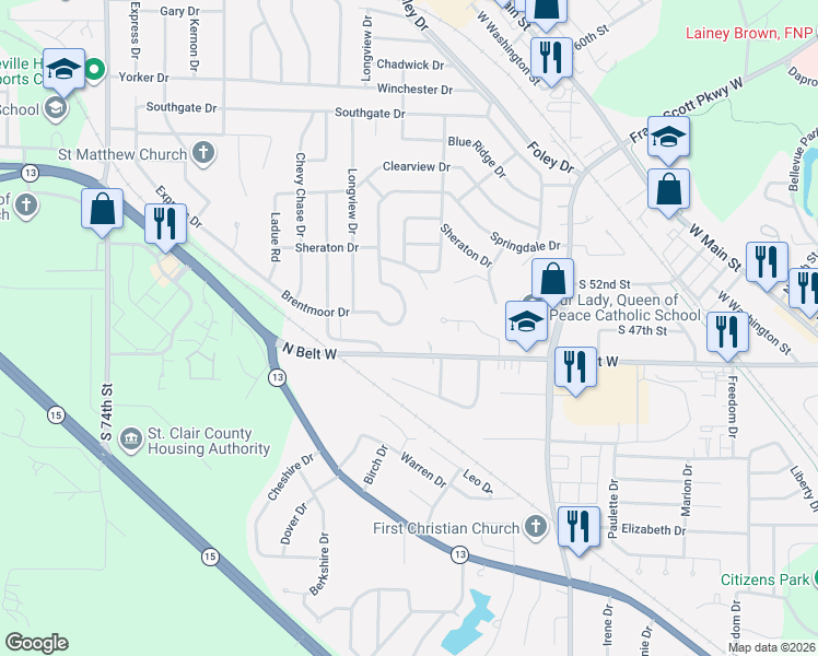 map of restaurants, bars, coffee shops, grocery stores, and more near 6105 North Belt West in Belleville