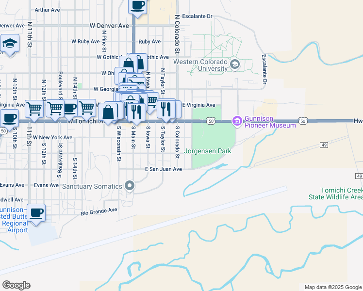 map of restaurants, bars, coffee shops, grocery stores, and more near 214 South Colorado Street in Gunnison