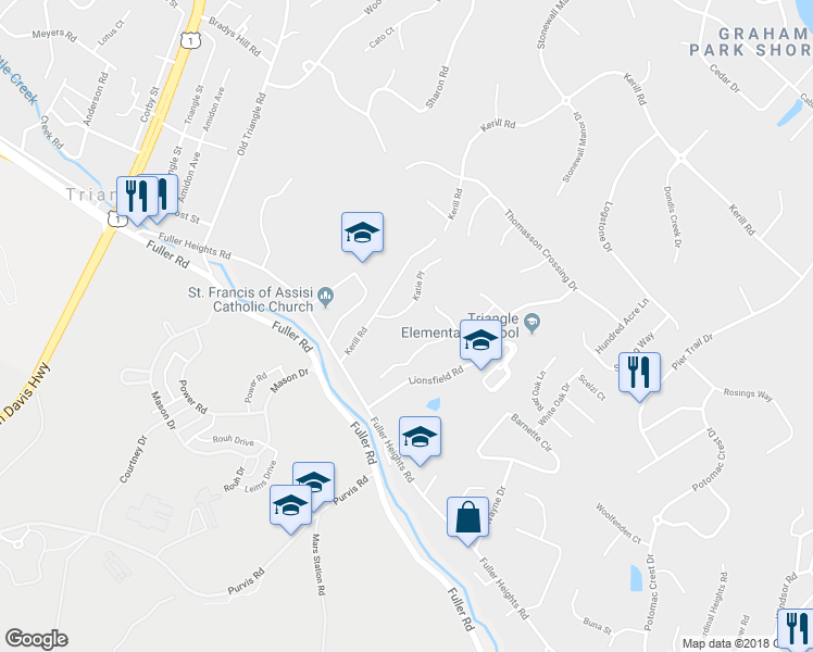 map of restaurants, bars, coffee shops, grocery stores, and more near 3761 Katie Place in Triangle