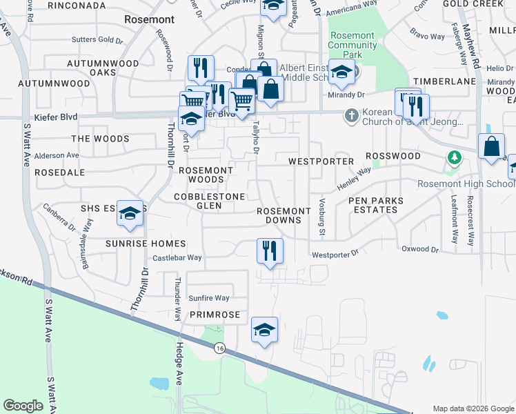 map of restaurants, bars, coffee shops, grocery stores, and more near 3963 Tallyho Drive in Sacramento