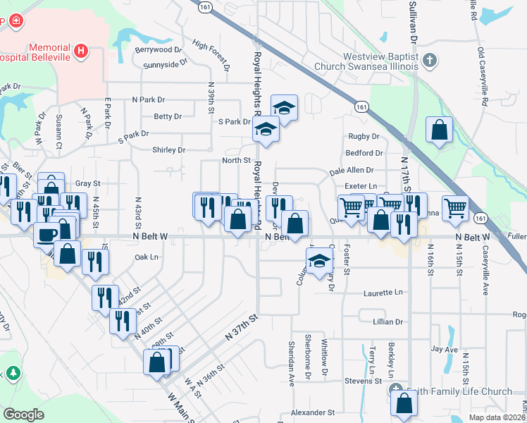 map of restaurants, bars, coffee shops, grocery stores, and more near 617 Devonshire Drive in Belleville