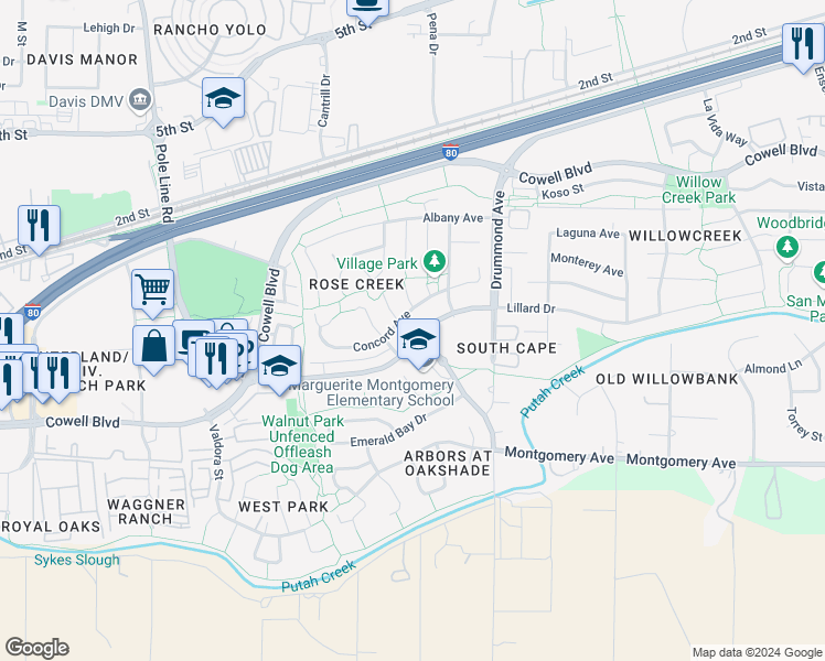 map of restaurants, bars, coffee shops, grocery stores, and more near 2901 Lillard Drive in Davis