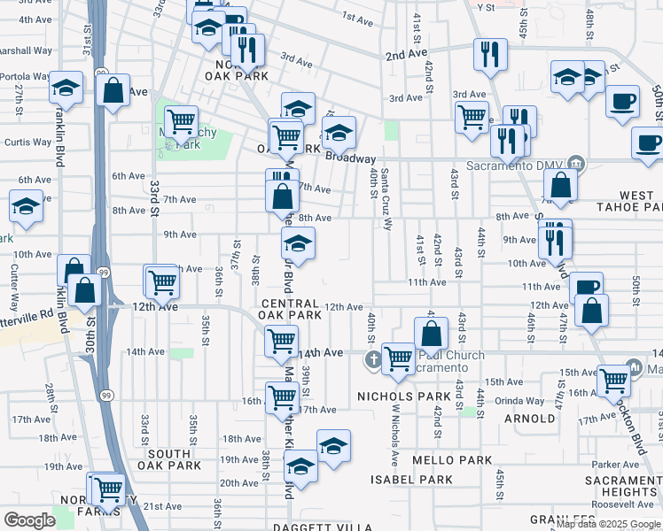 map of restaurants, bars, coffee shops, grocery stores, and more near 3525 Martin Luther King Junior Boulevard in Sacramento
