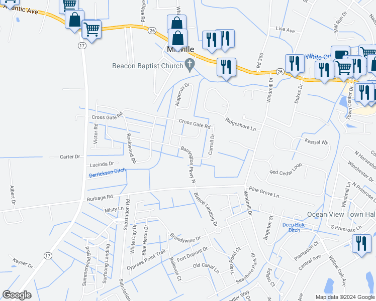 map of restaurants, bars, coffee shops, grocery stores, and more near 37094 Barrington Parkway North in Ocean View