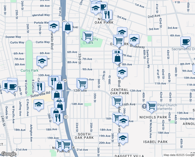 map of restaurants, bars, coffee shops, grocery stores, and more near 3530 10th Avenue in Sacramento