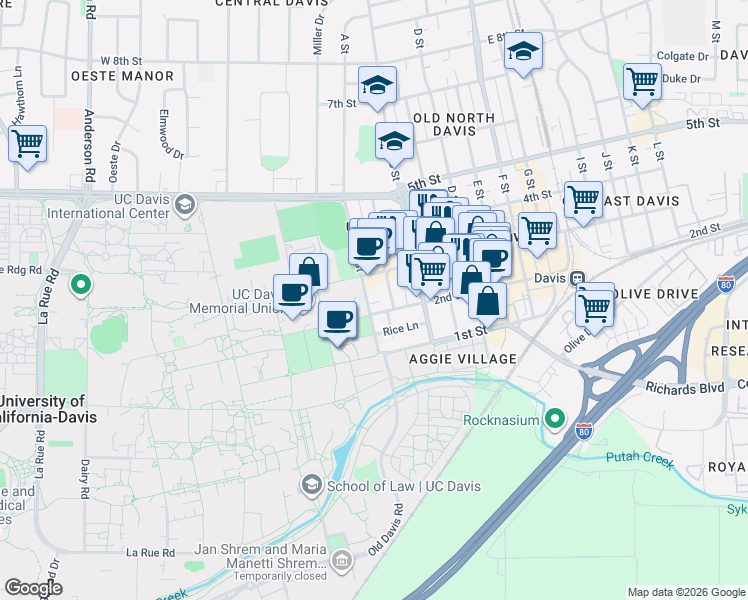 map of restaurants, bars, coffee shops, grocery stores, and more near 215 2nd Street in Davis