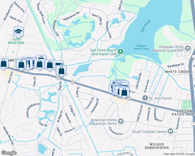 map of restaurants, bars, coffee shops, grocery stores, and more near 827A Westwood Avenue in Bethany Beach