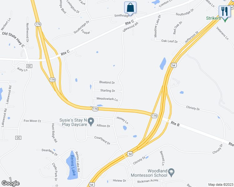 map of restaurants, bars, coffee shops, grocery stores, and more near 2307 Starling Drive in Jefferson City