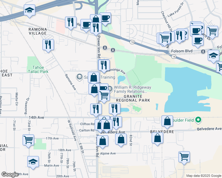 map of restaurants, bars, coffee shops, grocery stores, and more near 3341 Power Inn Rd in Sacramento