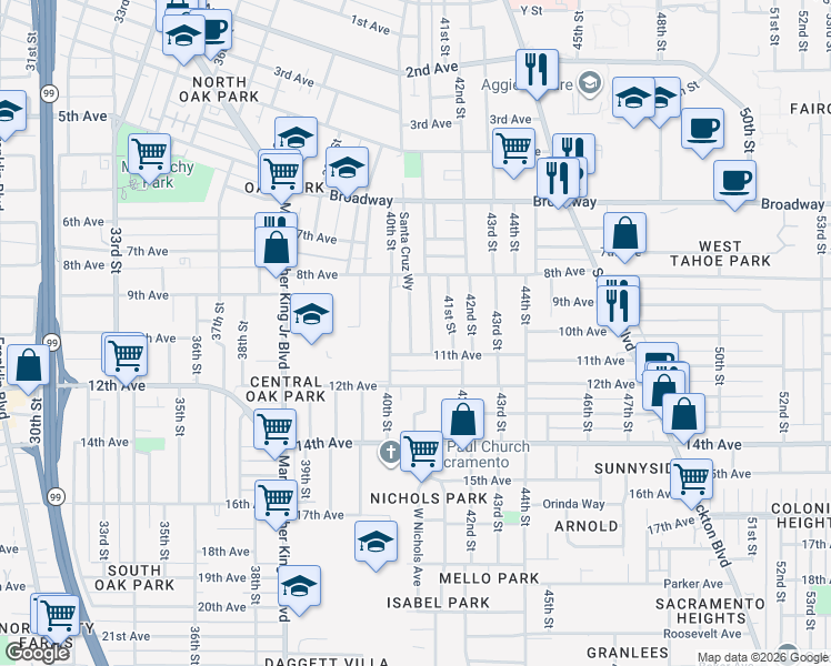 map of restaurants, bars, coffee shops, grocery stores, and more near 3531 Santa Cruz Way in Sacramento