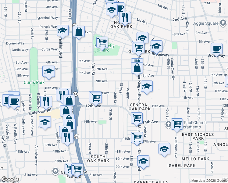 map of restaurants, bars, coffee shops, grocery stores, and more near 3530 10th Avenue in Sacramento