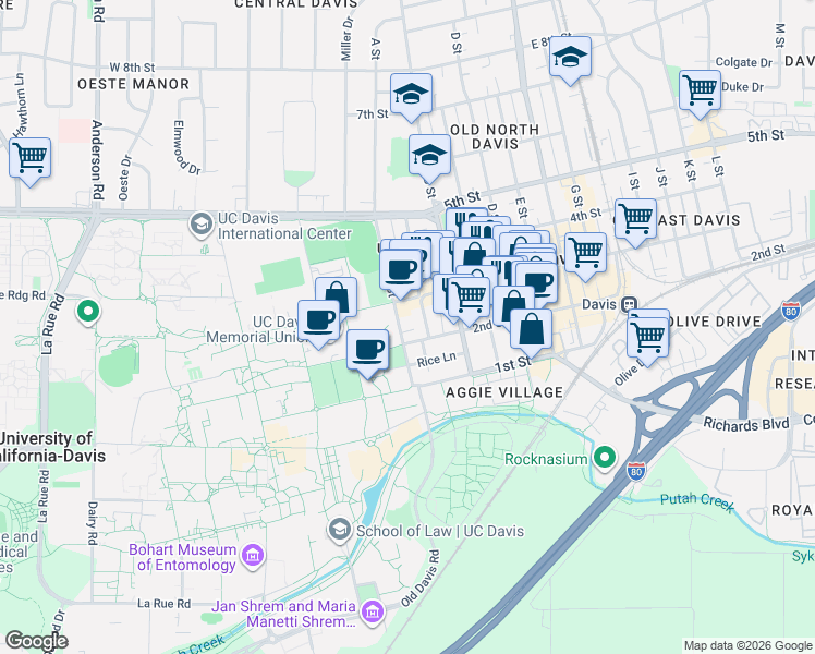 map of restaurants, bars, coffee shops, grocery stores, and more near 215 2nd Street in Davis