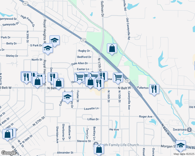 map of restaurants, bars, coffee shops, grocery stores, and more near 6 Chaucer Drive in Belleville