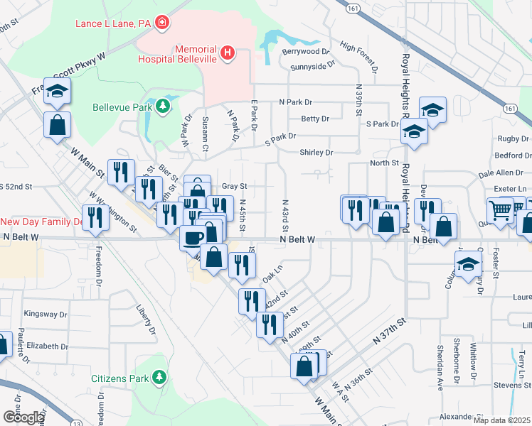 map of restaurants, bars, coffee shops, grocery stores, and more near 122 North 44th Street in Belleville