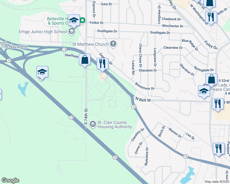 map of restaurants, bars, coffee shops, grocery stores, and more near 7104 Old Saint Louis Road in Belleville
