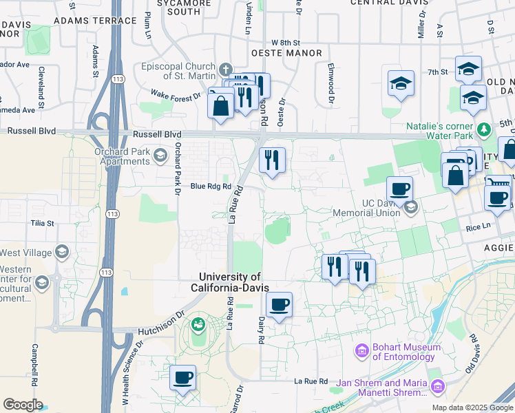 map of restaurants, bars, coffee shops, grocery stores, and more near 760 Orchard Road in Davis