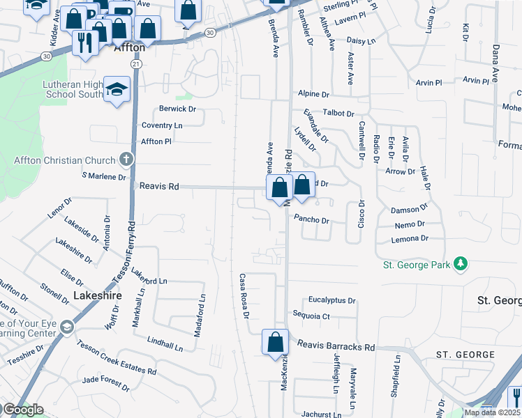 map of restaurants, bars, coffee shops, grocery stores, and more near 9748-9798 Bexley Station Drive in Affton