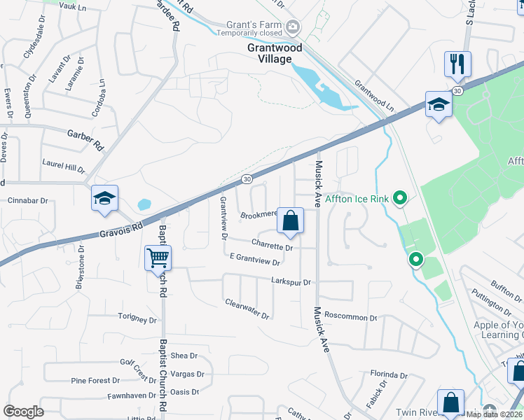 map of restaurants, bars, coffee shops, grocery stores, and more near 10706 Brookmere Drive in St. Louis