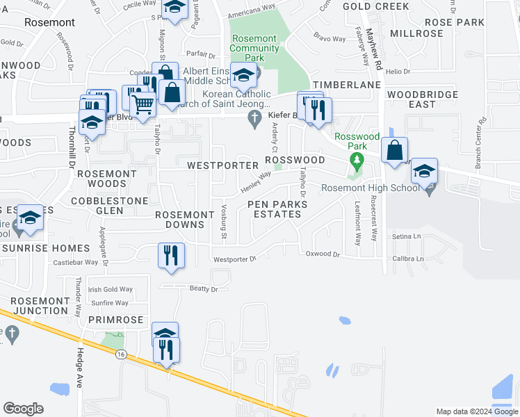 map of restaurants, bars, coffee shops, grocery stores, and more near 4148 Justin Way in Sacramento