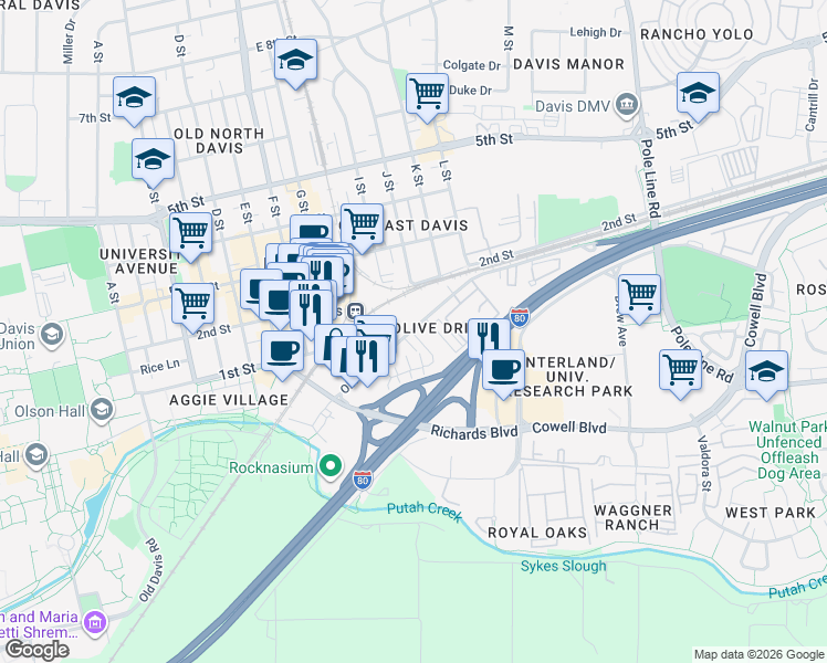map of restaurants, bars, coffee shops, grocery stores, and more near 1165 Olive Drive in Davis