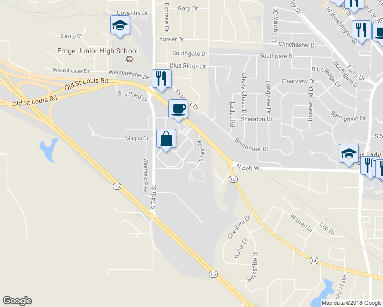map of restaurants, bars, coffee shops, grocery stores, and more near 28 Westfield Plaza Drive in Belleville