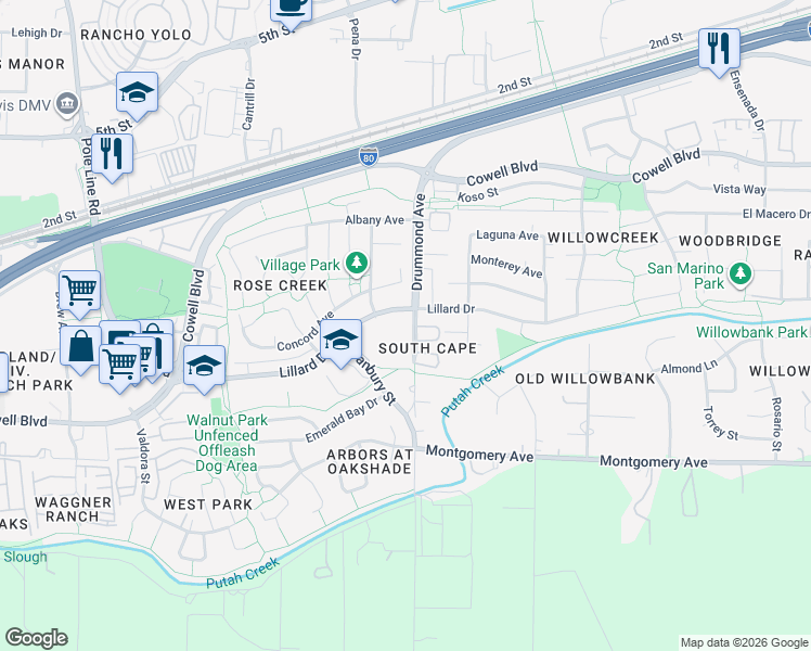 map of restaurants, bars, coffee shops, grocery stores, and more near 3000 Lillard Drive in Davis