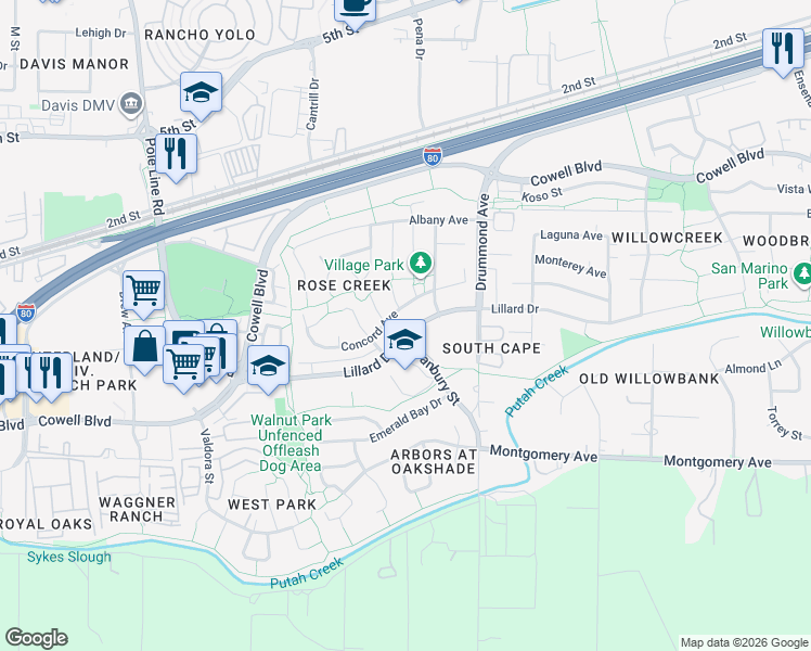 map of restaurants, bars, coffee shops, grocery stores, and more near 2909 Lillard Drive in Davis