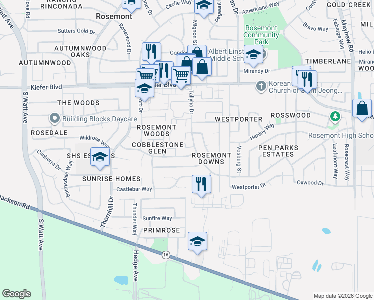 map of restaurants, bars, coffee shops, grocery stores, and more near 9133 Newhall Drive in Sacramento