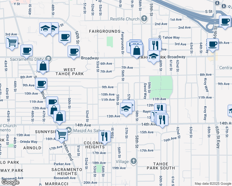 map of restaurants, bars, coffee shops, grocery stores, and more near 3448 55th Street in Sacramento