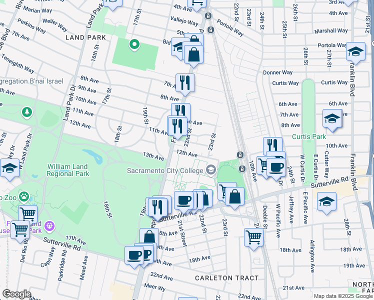 map of restaurants, bars, coffee shops, grocery stores, and more near 2227 12th Avenue in Sacramento