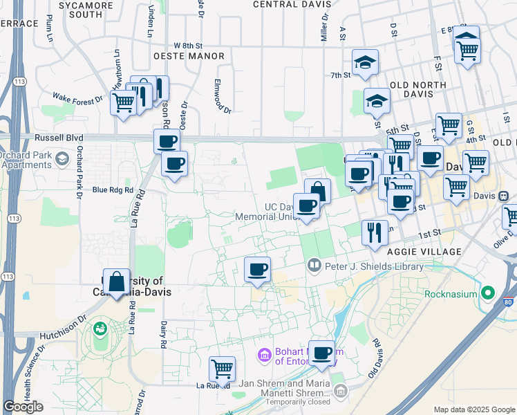map of restaurants, bars, coffee shops, grocery stores, and more near 4503 California Avenue in Davis