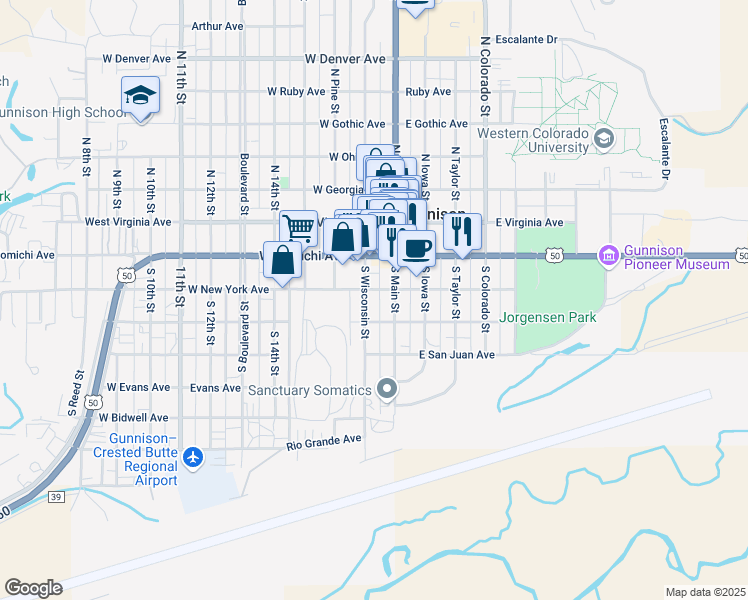 map of restaurants, bars, coffee shops, grocery stores, and more near 217 South Main Street in Gunnison