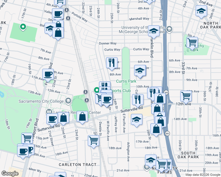 map of restaurants, bars, coffee shops, grocery stores, and more near 3502 24th Street in Sacramento