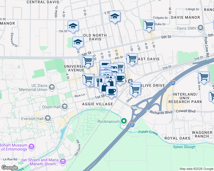 map of restaurants, bars, coffee shops, grocery stores, and more near 116 D Street in Davis
