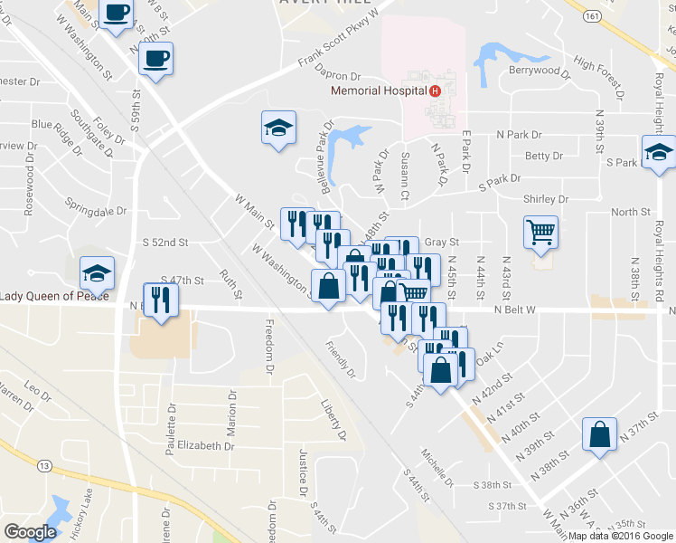 map of restaurants, bars, coffee shops, grocery stores, and more near 4801 W Main St in Belleville