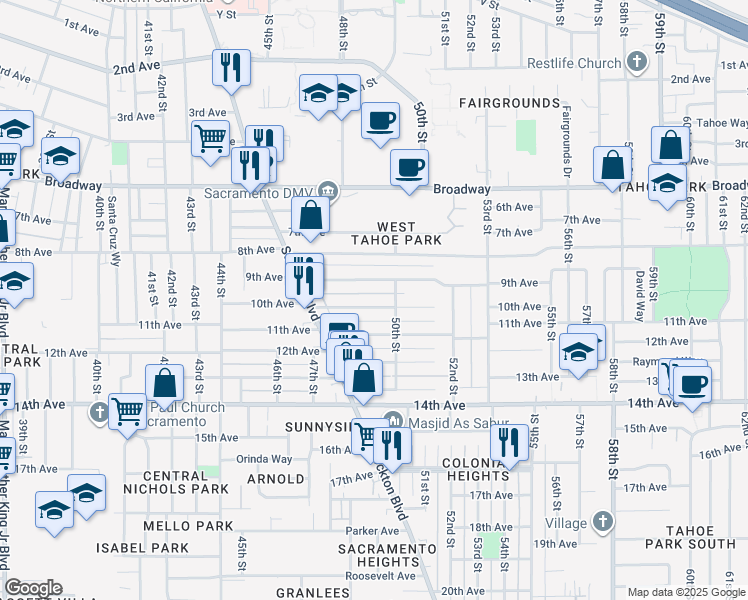 map of restaurants, bars, coffee shops, grocery stores, and more near 4910 10th Avenue in Sacramento