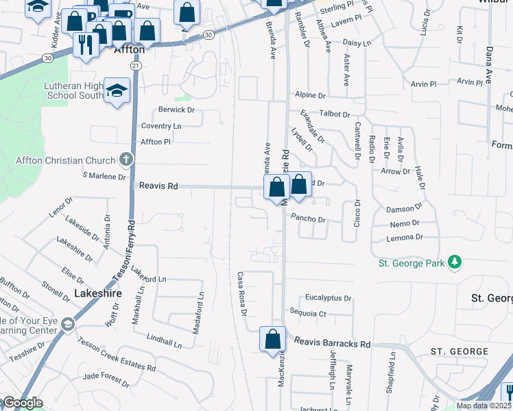 map of restaurants, bars, coffee shops, grocery stores, and more near 9740 Bexley Station Drive in Affton