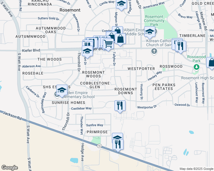 map of restaurants, bars, coffee shops, grocery stores, and more near 9149 Newhall Drive in Sacramento