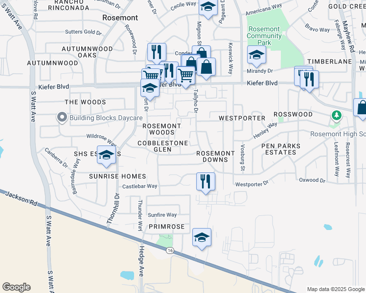 map of restaurants, bars, coffee shops, grocery stores, and more near 9119 Newhall Drive in Sacramento
