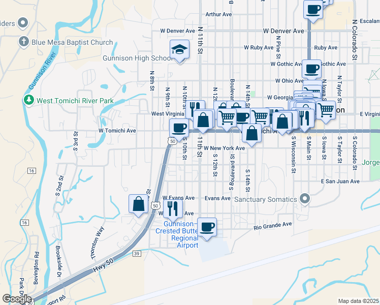 map of restaurants, bars, coffee shops, grocery stores, and more near 219 South 11th Street in Gunnison