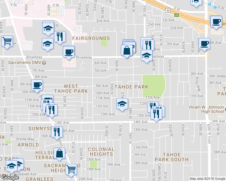 map of restaurants, bars, coffee shops, grocery stores, and more near 3435 55th Street in Sacramento