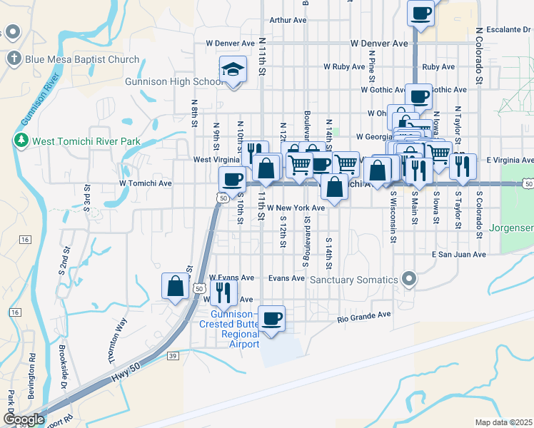 map of restaurants, bars, coffee shops, grocery stores, and more near 219 South 11th Street in Gunnison