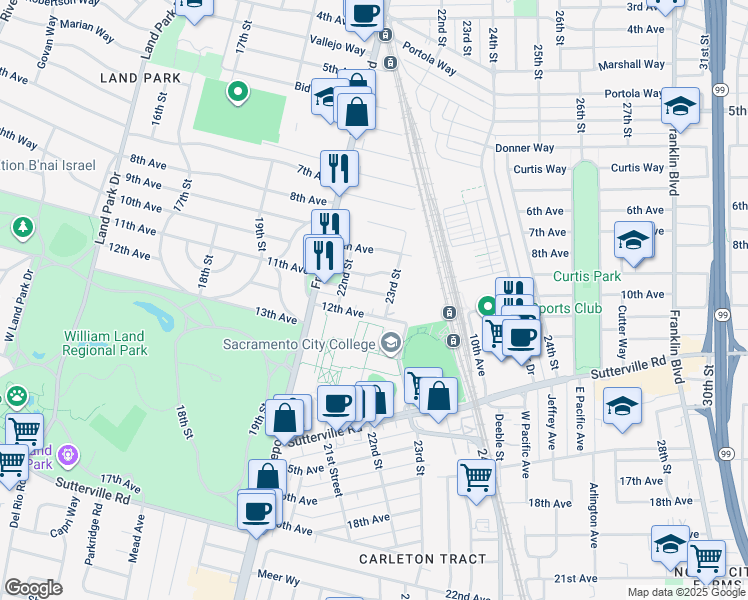 map of restaurants, bars, coffee shops, grocery stores, and more near in Sacramento