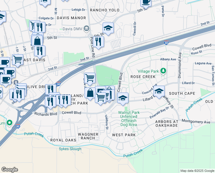 map of restaurants, bars, coffee shops, grocery stores, and more near 2428 Halsey Circle in Davis