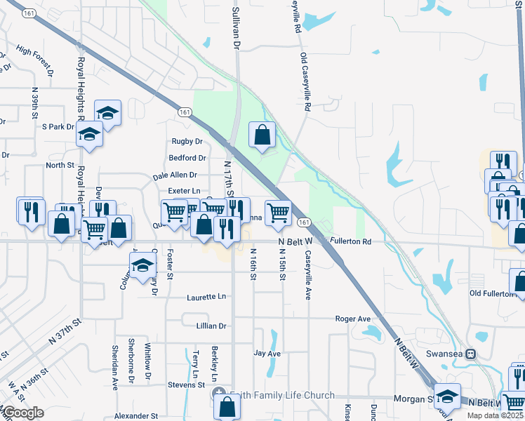 map of restaurants, bars, coffee shops, grocery stores, and more near 1516 Donna Drive in Swansea