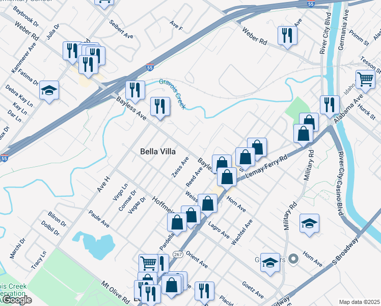 map of restaurants, bars, coffee shops, grocery stores, and more near Bayless Ave & Zeiss Ave in Bella Villa