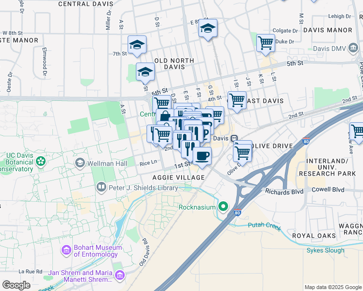 map of restaurants, bars, coffee shops, grocery stores, and more near 435 2nd Street in Davis