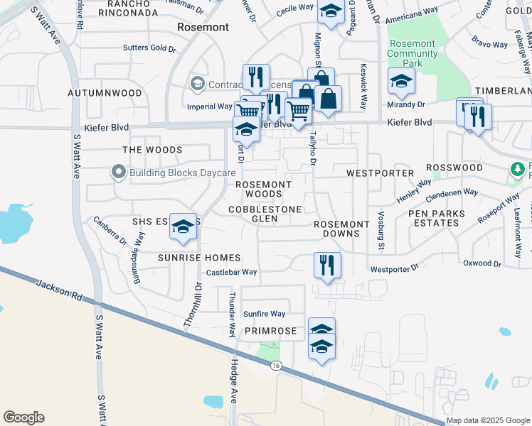 map of restaurants, bars, coffee shops, grocery stores, and more near 9114 Newhall Drive in Sacramento
