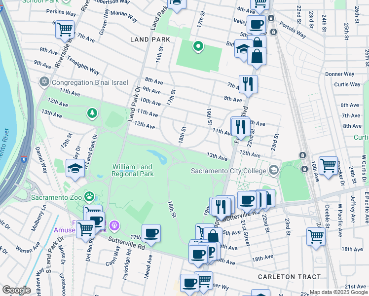 map of restaurants, bars, coffee shops, grocery stores, and more near 4015 19th Street in Sacramento