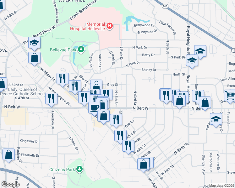 map of restaurants, bars, coffee shops, grocery stores, and more near 137 North 45th Street in Belleville